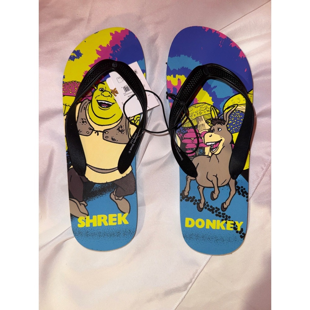 Bioworld Shrek and Donkey Mens Flip Flops Sandals Blue Size 9/10 NWT